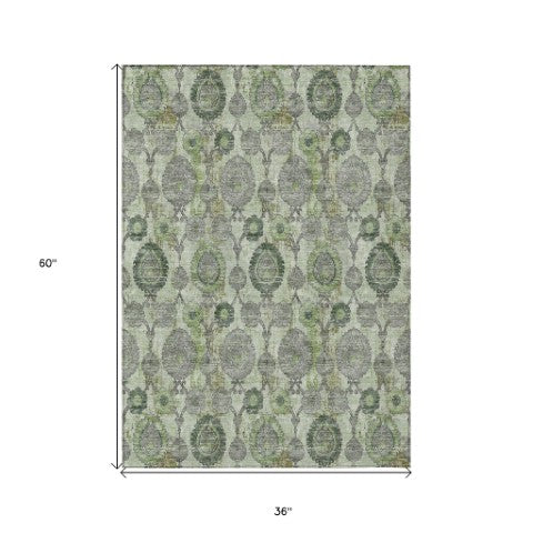 Homeroots 3' Stylish Artichoke Green And Gray Damask Rug - Washable, Durable, Perfect For Indoor And Outdoor Spaces 3' X 5' Polyester 588166