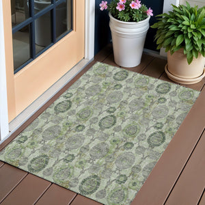 Homeroots 3' Stylish Artichoke Green And Gray Damask Rug - Washable, Durable, Perfect For Indoor And Outdoor Spaces 3' X 5' Polyester 588166