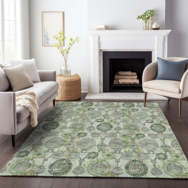 Homeroots 3' Stylish Artichoke Green And Gray Damask Rug - Washable, Durable, Perfect For Indoor And Outdoor Spaces 3' X 5' Polyester 588166