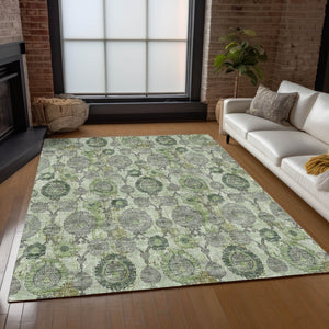 Homeroots 3' Stylish Artichoke Green And Gray Damask Rug - Washable, Durable, Perfect For Indoor And Outdoor Spaces 3' X 5' Polyester 588166