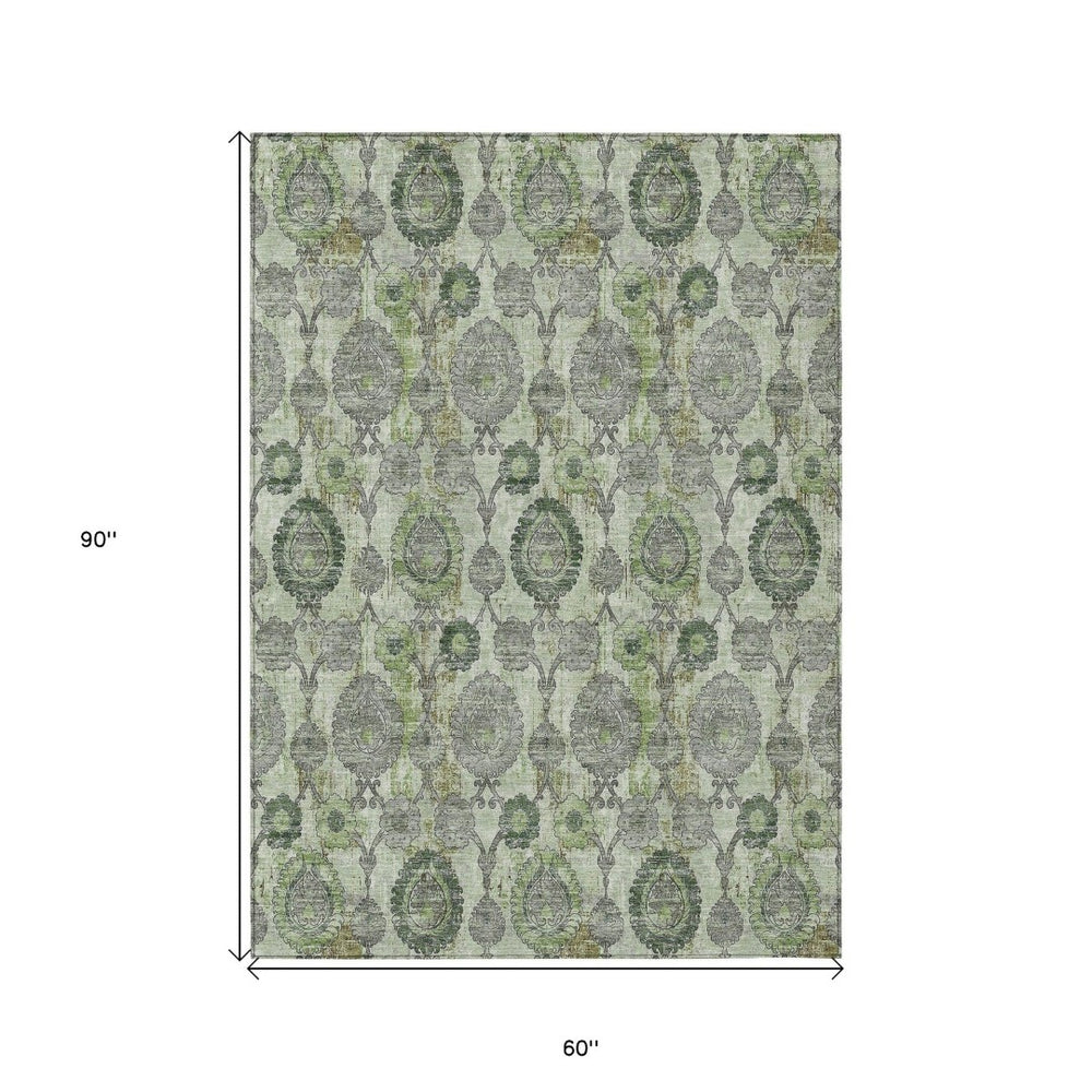 HomeRoots 5' Timeless Damask Area Rug in Artichoke and Fern Green - Durable, Washable for Indoor & Outdoor Use 5' X 8' 588167
