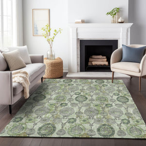 Homeroots 3' Stylish Artichoke Green And Gray Damask Rug - Washable, Durable, Perfect For Indoor And Outdoor Spaces 5' X 8' Polyester 588167