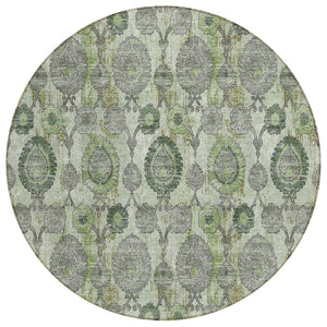 HomeRoots 5' Timeless Damask Area Rug in Artichoke and Fern Green - Durable, Washable for Indoor & Outdoor Use 8' Round 588168
