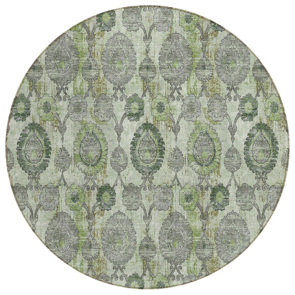 HomeRoots 5' Timeless Damask Area Rug in Artichoke and Fern Green - Durable, Washable for Indoor & Outdoor Use 8' Round 588168