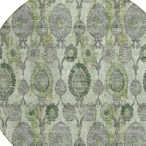 Homeroots 3' Stylish Artichoke Green And Gray Damask Rug - Washable, Durable, Perfect For Indoor And Outdoor Spaces 8' Round Polyester 588168