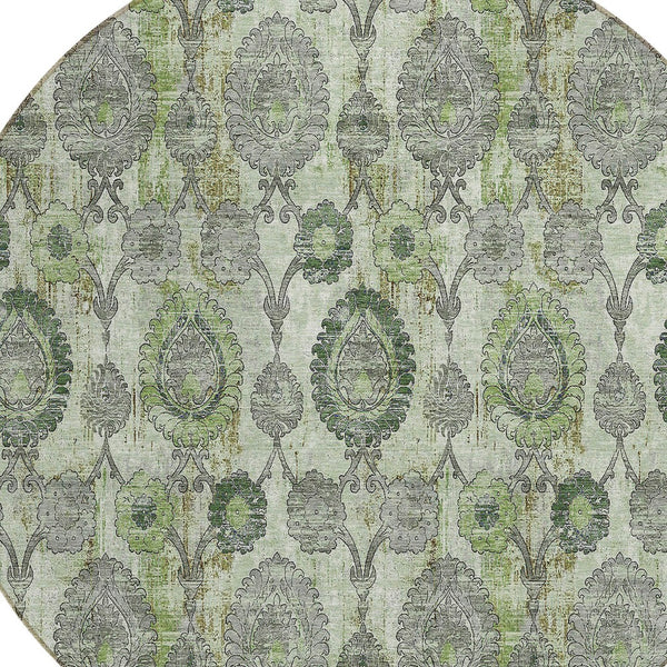Homeroots 3' Stylish Artichoke Green And Gray Damask Rug - Washable, Durable, Perfect For Indoor And Outdoor Spaces 8' Round Polyester 588168