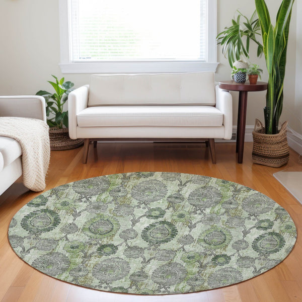 Homeroots 3' Stylish Artichoke Green And Gray Damask Rug - Washable, Durable, Perfect For Indoor And Outdoor Spaces 8' Round Polyester 588168