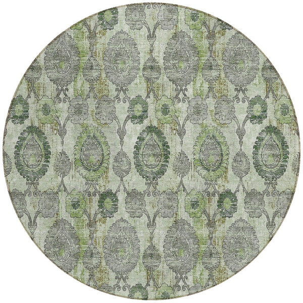 Homeroots 3' Stylish Artichoke Green And Gray Damask Rug - Washable, Durable, Perfect For Indoor And Outdoor Spaces 8' Round Polyester 588168