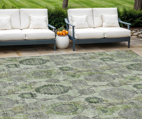 Homeroots 3' Stylish Artichoke Green And Gray Damask Rug - Washable, Durable, Perfect For Indoor And Outdoor Spaces 8' X 10' Polyester 588169