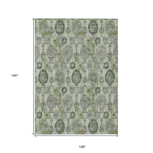 Homeroots 3' Stylish Artichoke Green And Gray Damask Rug - Washable, Durable, Perfect For Indoor And Outdoor Spaces 9' X 12' Polyester 588170