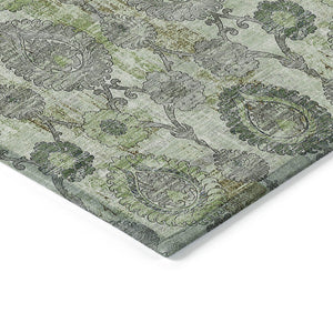 Homeroots 3' Stylish Artichoke Green And Gray Damask Rug - Washable, Durable, Perfect For Indoor And Outdoor Spaces 9' X 12' Polyester 588170