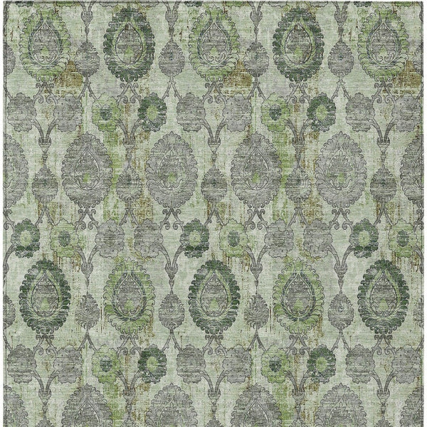 Homeroots 3' Stylish Artichoke Green And Gray Damask Rug - Washable, Durable, Perfect For Indoor And Outdoor Spaces 9' X 12' Polyester 588170