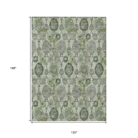 Homeroots 3' Stylish Artichoke Green And Gray Damask Rug - Washable, Durable, Perfect For Indoor And Outdoor Spaces 10' X 14' Polyester 588171