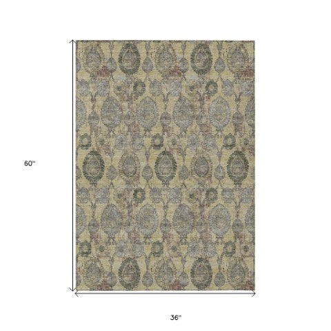 Homeroots 3' Stylish Artichoke Green And Gray Damask Rug - Washable, Durable, Perfect For Indoor And Outdoor Spaces 3' X 5' Polyester 588172