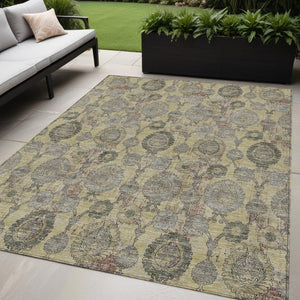 Homeroots 3' Stylish Artichoke Green And Gray Damask Rug - Washable, Durable, Perfect For Indoor And Outdoor Spaces 5' X 8' Polyester 588173