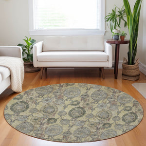 Homeroots 3' Stylish Artichoke Green And Gray Damask Rug - Washable, Durable, Perfect For Indoor And Outdoor Spaces 8' Round Polyester 588174