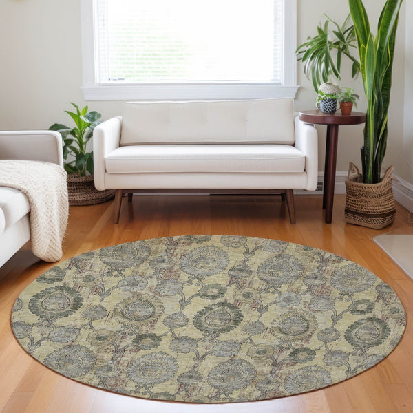Homeroots 3' Stylish Artichoke Green And Gray Damask Rug - Washable, Durable, Perfect For Indoor And Outdoor Spaces 8' Round Polyester 588174