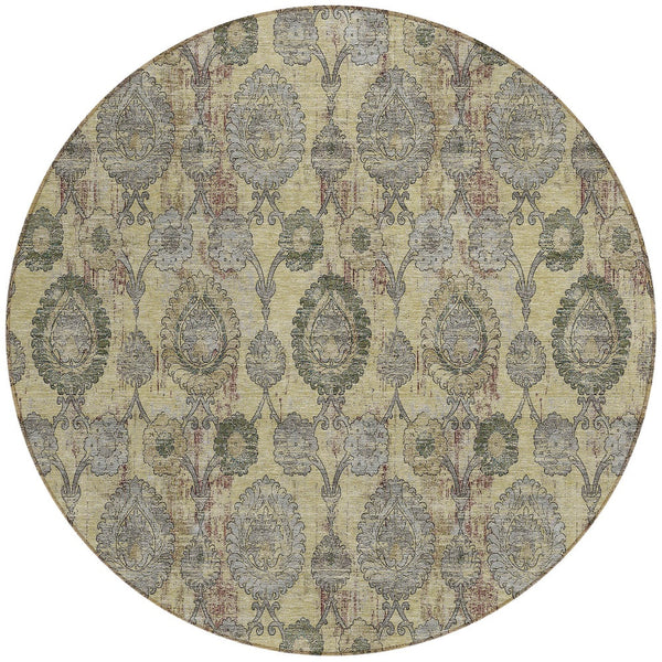 Homeroots 3' Stylish Artichoke Green And Gray Damask Rug - Washable, Durable, Perfect For Indoor And Outdoor Spaces 8' Round Polyester 588174