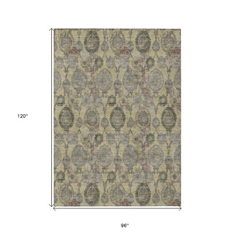 Homeroots 3' Stylish Artichoke Green And Gray Damask Rug - Washable, Durable, Perfect For Indoor And Outdoor Spaces 8' X 10' Polyester 588175