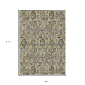 Homeroots 3' Stylish Artichoke Green And Gray Damask Rug - Washable, Durable, Perfect For Indoor And Outdoor Spaces 9' X 12' Polyester 588176