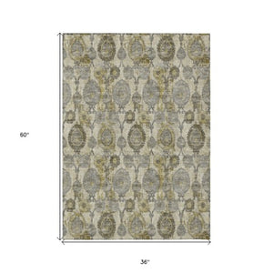 Homeroots 3' Stylish Artichoke Green And Gray Damask Rug - Washable, Durable, Perfect For Indoor And Outdoor Spaces 3' X 5' Polyester 588178