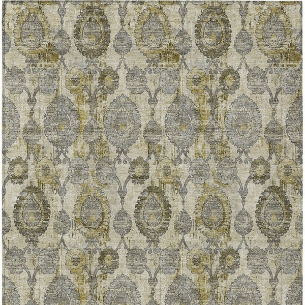 Homeroots 3' Stylish Artichoke Green And Gray Damask Rug - Washable, Durable, Perfect For Indoor And Outdoor Spaces 3' X 5' Polyester 588178