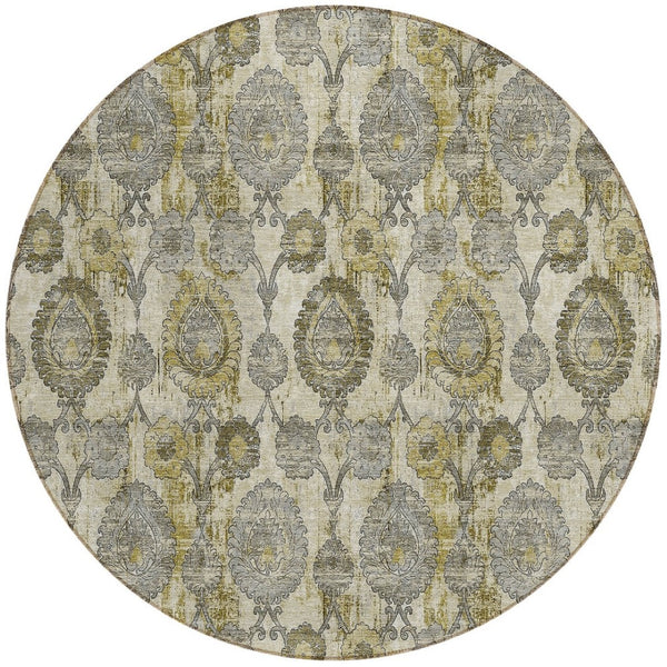 Homeroots 3' Stylish Artichoke Green And Gray Damask Rug - Washable, Durable, Perfect For Indoor And Outdoor Spaces 8' Round Polyester 588180