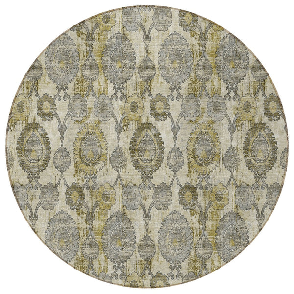 Homeroots 3' Stylish Artichoke Green And Gray Damask Rug - Washable, Durable, Perfect For Indoor And Outdoor Spaces 8' Round Polyester 588180