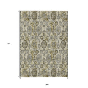 Homeroots 3' Stylish Artichoke Green And Gray Damask Rug - Washable, Durable, Perfect For Indoor And Outdoor Spaces 9' X 12' Polyester 588182