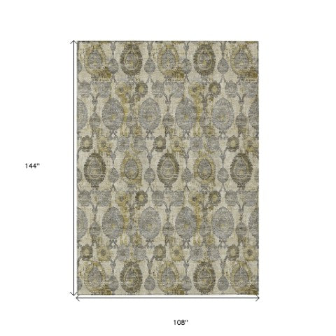 Homeroots 3' Stylish Artichoke Green And Gray Damask Rug - Washable, Durable, Perfect For Indoor And Outdoor Spaces 9' X 12' Polyester 588182