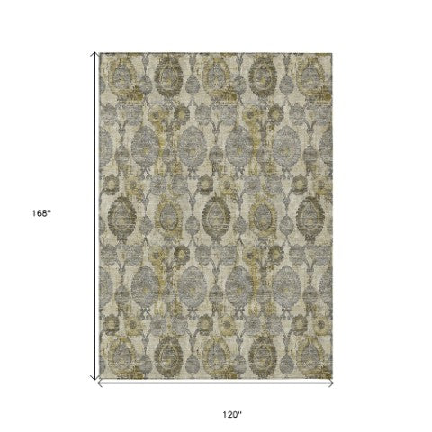 Homeroots 3' Stylish Artichoke Green And Gray Damask Rug - Washable, Durable, Perfect For Indoor And Outdoor Spaces 10' X 14' Polyester 588183