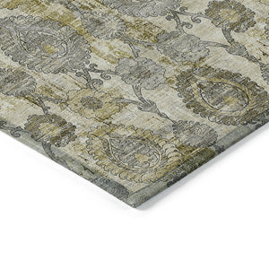 Homeroots 3' Stylish Artichoke Green And Gray Damask Rug - Washable, Durable, Perfect For Indoor And Outdoor Spaces 10' X 14' Polyester 588183