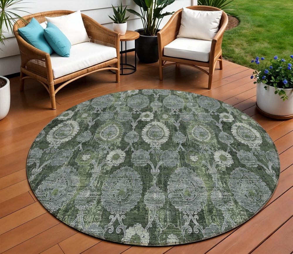 HomeRoots 5' Navy Blue and Denim Blue Damask Indoor Outdoor Area Rug - Elegant, Washable, and Durable Design 5' X 8' 588185