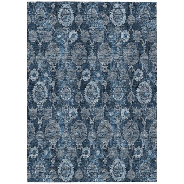 HomeRoots 5' Navy Blue and Denim Blue Damask Indoor Outdoor Area Rug - Elegant, Washable, and Durable Design 5' X 8' 588185