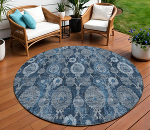 Homeroots 3' Stylish Artichoke Green And Gray Damask Rug - Washable, Durable, Perfect For Indoor And Outdoor Spaces 8' Round Polyester 588186