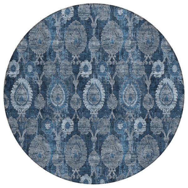 HomeRoots 5' Navy Blue and Denim Blue Damask Indoor Outdoor Area Rug - Elegant, Washable, and Durable Design 8' Round 588186