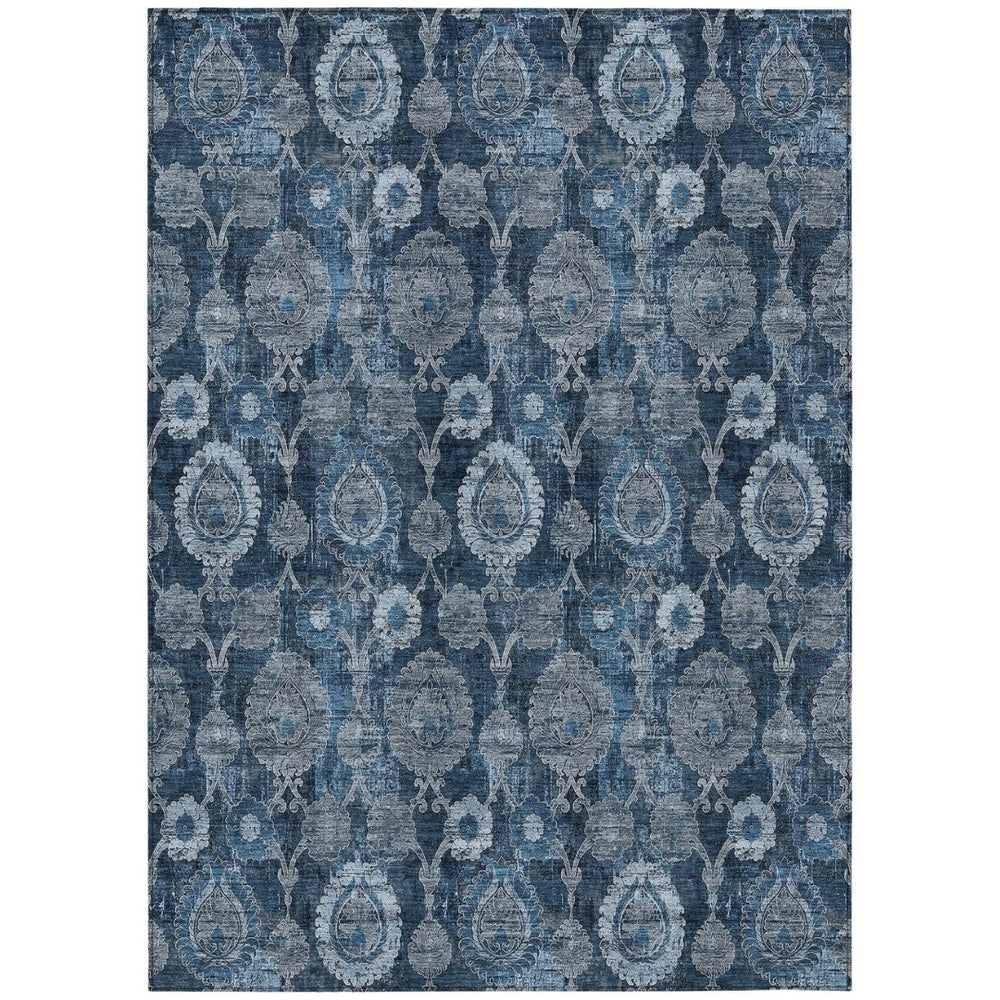 HomeRoots 9' Navy and Denim Blue Damask Area Rug - Stylish, Durable, Washable for Indoor and Outdoor Spaces 9' X 12' 588188