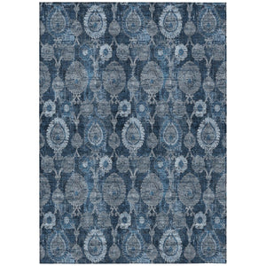 HomeRoots 5' Navy Blue and Denim Blue Damask Indoor Outdoor Area Rug - Elegant, Washable, and Durable Design 10' X 14' 588189