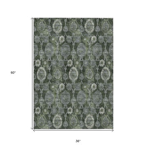 Homeroots 3' Stylish Artichoke Green And Gray Damask Rug - Washable, Durable, Perfect For Indoor And Outdoor Spaces 3' X 5' Polyester 588190