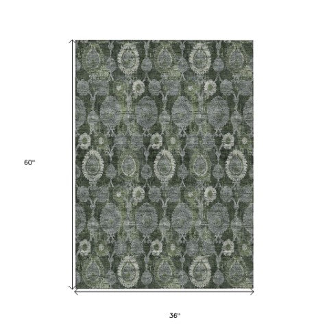 Homeroots 3' Stylish Artichoke Green And Gray Damask Rug - Washable, Durable, Perfect For Indoor And Outdoor Spaces 3' X 5' Polyester 588190