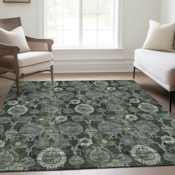 Homeroots 3' Stylish Artichoke Green And Gray Damask Rug - Washable, Durable, Perfect For Indoor And Outdoor Spaces 3' X 5' Polyester 588190