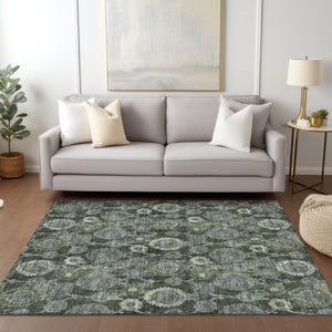 Homeroots 3' Stylish Artichoke Green And Gray Damask Rug - Washable, Durable, Perfect For Indoor And Outdoor Spaces 3' X 5' Polyester 588190