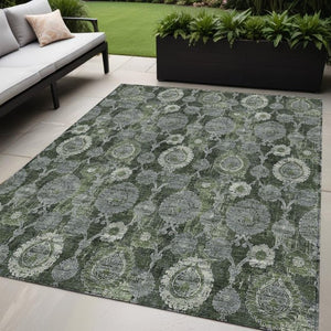 Homeroots 3' Stylish Artichoke Green And Gray Damask Rug - Washable, Durable, Perfect For Indoor And Outdoor Spaces 5' X 8' Polyester 588191