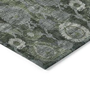 Homeroots 3' Stylish Artichoke Green And Gray Damask Rug - Washable, Durable, Perfect For Indoor And Outdoor Spaces 5' X 8' Polyester 588191