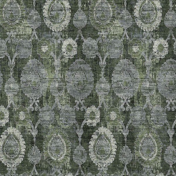Homeroots 3' Stylish Artichoke Green And Gray Damask Rug - Washable, Durable, Perfect For Indoor And Outdoor Spaces 5' X 8' Polyester 588191
