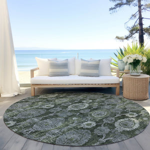 Homeroots 3' Stylish Artichoke Green And Gray Damask Rug - Washable, Durable, Perfect For Indoor And Outdoor Spaces 8' Round Polyester 588192