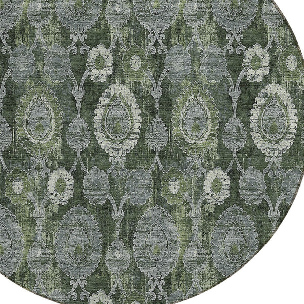 Homeroots 3' Stylish Artichoke Green And Gray Damask Rug - Washable, Durable, Perfect For Indoor And Outdoor Spaces 8' Round Polyester 588192