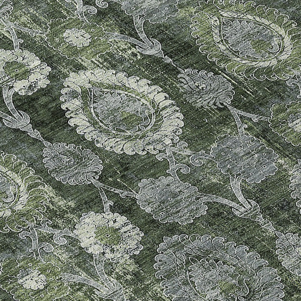 Homeroots 3' Stylish Artichoke Green And Gray Damask Rug - Washable, Durable, Perfect For Indoor And Outdoor Spaces 8' Round Polyester 588192