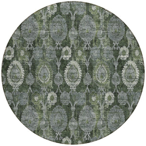 Homeroots 3' Stylish Artichoke Green And Gray Damask Rug - Washable, Durable, Perfect For Indoor And Outdoor Spaces 8' Round Polyester 588192