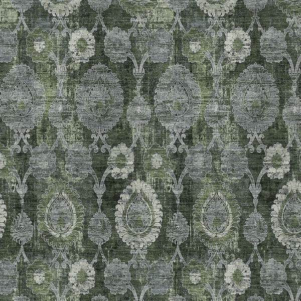 Homeroots 3' Stylish Artichoke Green And Gray Damask Rug - Washable, Durable, Perfect For Indoor And Outdoor Spaces 8' X 10' Polyester 588193